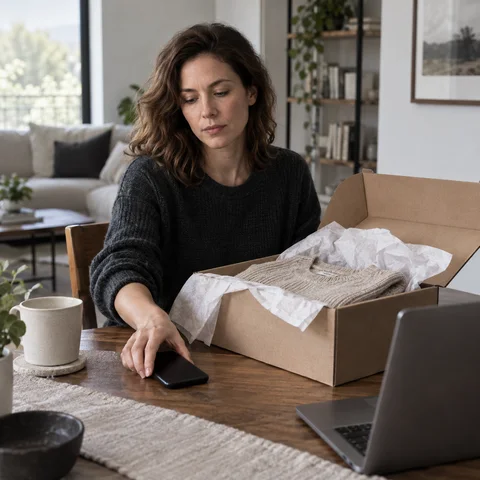 Customer setting aside a phone beside an opened delivery