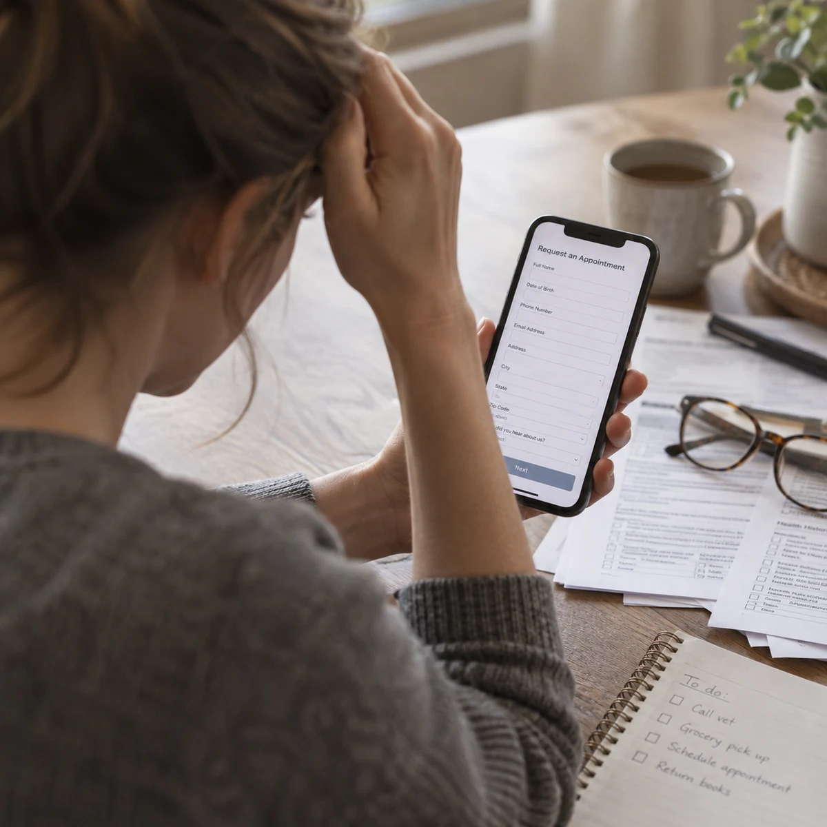 Patient navigating a long appointment form on a phone