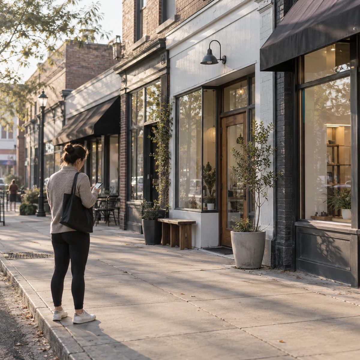 Person checking directions outside neighborhood storefronts
