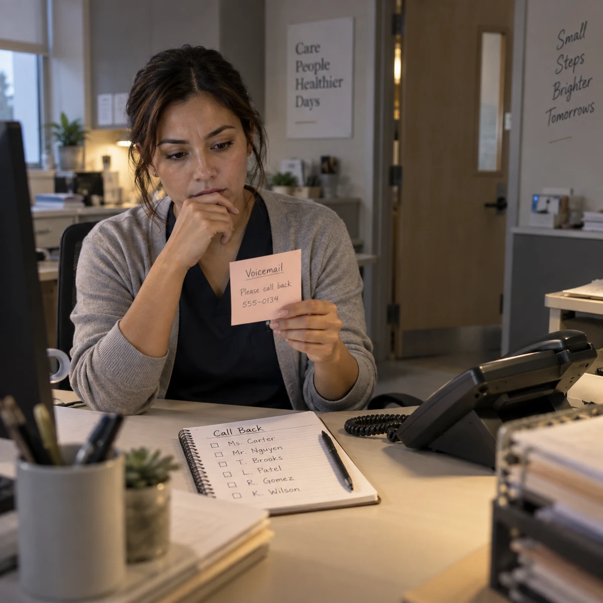Healthcare staff member reviewing an unanswered callback note
