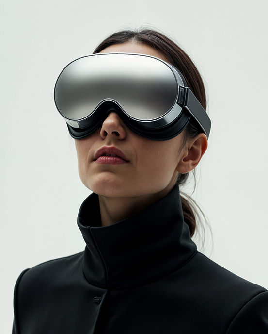 Woman wearing a modern virtual reality headset