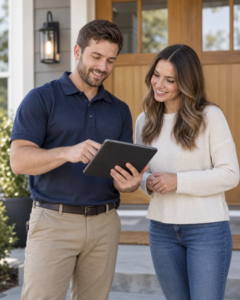 Local service professional reviewing completed work with a homeowner