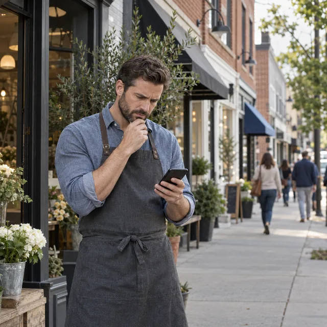 Local business owner comparing nearby competitors on his phone