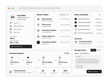CRM and automated follow-up dashboard showing lead communication and reminders
